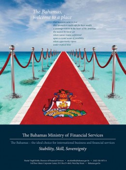 Folleto promocionando los servicios de la industria financiera en Bahamas.