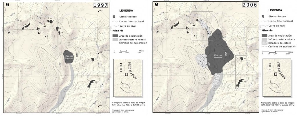 Glaciares rocosos afectados por Minera Los Pelambres entre los años 1997 y 2006 (Fuente: Informe Universidad de Waterloo)